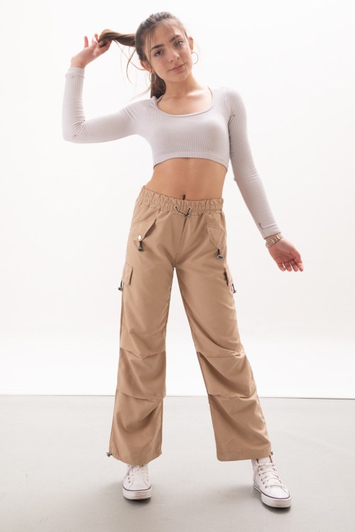 Bej Kapak Detaylı Beli Lastikli Kız Paraşüt Pantolon 18061