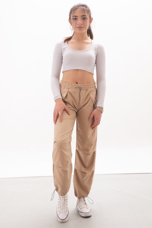 Bej Kapak Detaylı Beli Lastikli Kız Paraşüt Pantolon 18061