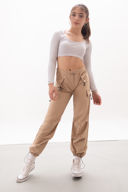Bej Kapak Detaylı Beli Lastikli Kız Paraşüt Pantolon 18061