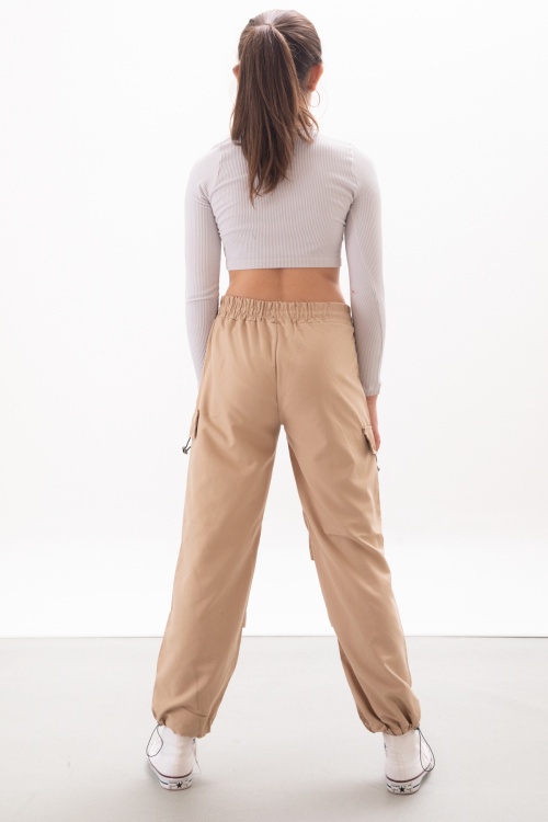 Bej Kapak Detaylı Beli Lastikli Kız Paraşüt Pantolon 18061