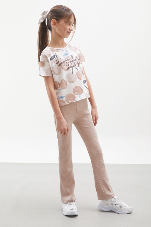 Bej Kiraz Baskılı İspanyol Paça Taytlı Kız Çocuk Takım 17993