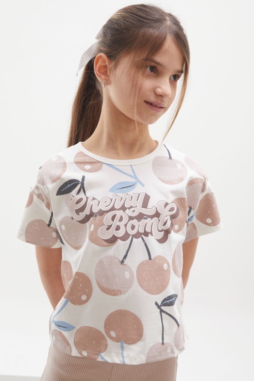 Bej Kiraz Baskılı İspanyol Paça Taytlı Kız Çocuk Takım 17993