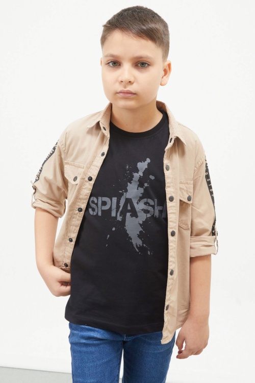 Bej Kolları Şerit Yazılı Jean Gömlekli Tişört Erkek Çocuk 2li Takım 17647