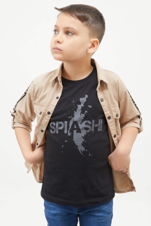 Bej Kolları Şerit Yazılı Jean Gömlekli Tişört Erkek Çocuk 2li Takım 17647