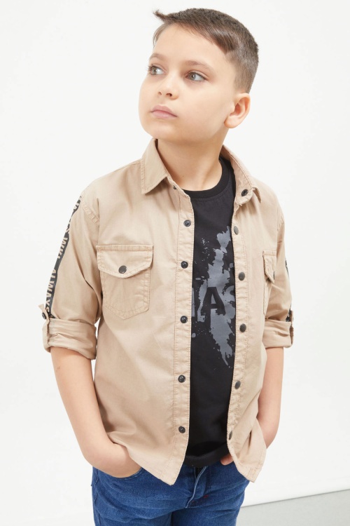 Bej Kolları Şerit Yazılı Jean Gömlekli Tişört Erkek Çocuk 2li Takım 17647