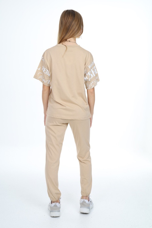 Bej Rebel Yazı Baskılı Kız Çocuk Takım 17841
