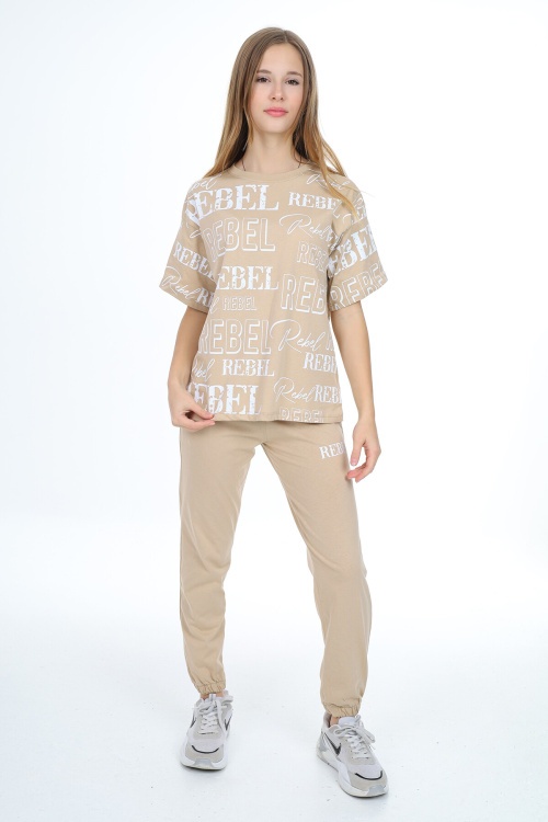 Bej Rebel Yazı Baskılı Kız Çocuk Takım 17841