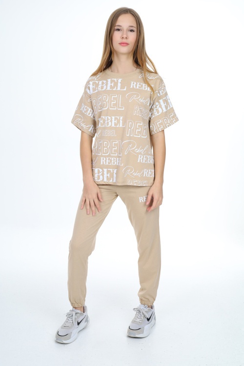 Bej Rebel Yazı Baskılı Kız Çocuk Takım 17841