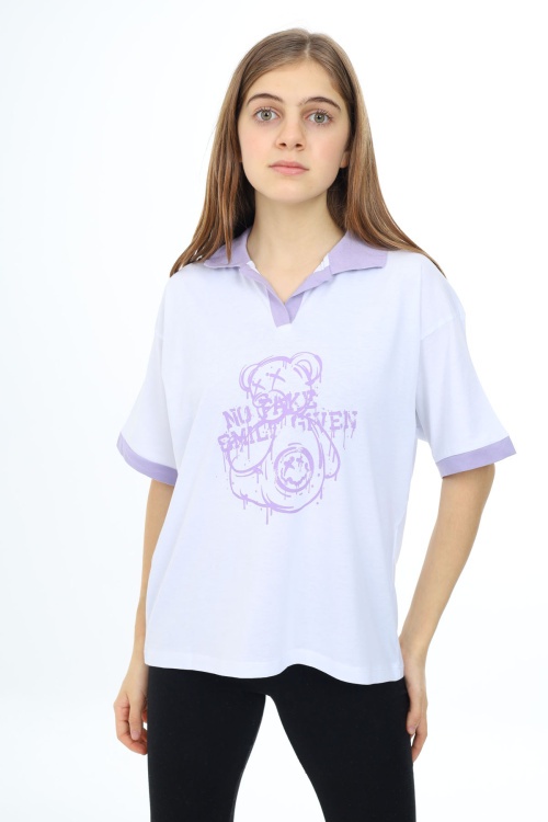 Beyaz Ayıcık Baskılı Yakalı Oversize Kız Tişört 17821