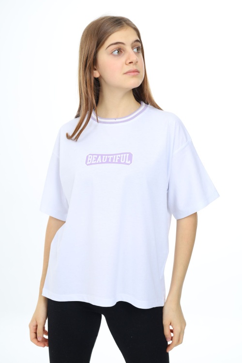 Beyaz Beautiful Yazılı Oversize Kız Tişört 17813