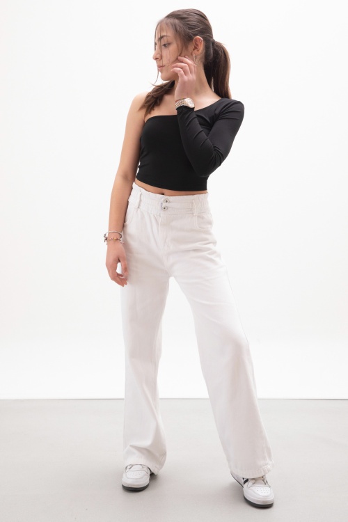 Beyaz Beli Lastikli Geniş Paça Kız Çocuk Jean Pantolon 17989