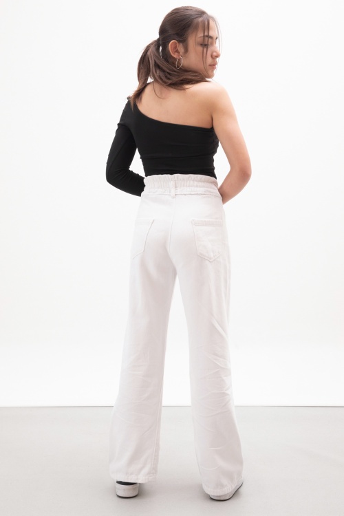 Beyaz Beli Lastikli Geniş Paça Kız Çocuk Jean Pantolon 17989