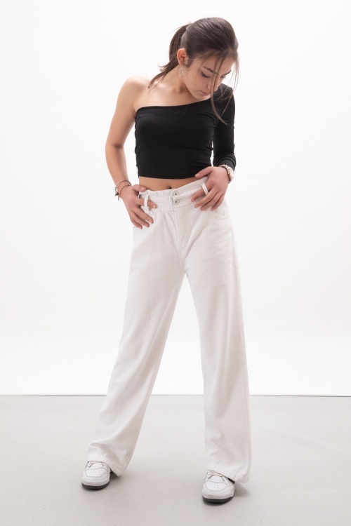 Beyaz Beli Lastikli Geniş Paça Kız Çocuk Jean Pantolon 17989