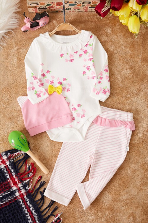 Beyaz Çiçek Baskılı Çıtçıtlı Badili Şapkalı Kız Bebek 3lü Takım 17455