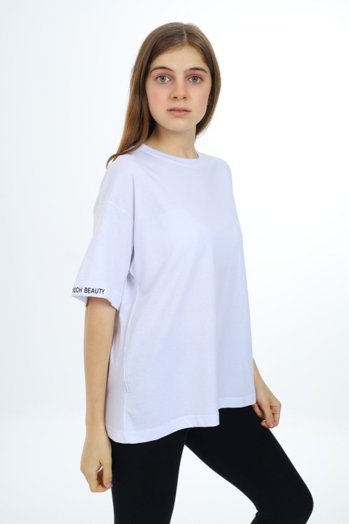 Beyaz Düz Bisiklet Yaka Kız Tişört 18034