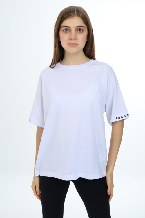 Beyaz Düz Bisiklet Yaka Kız Tişört 18034