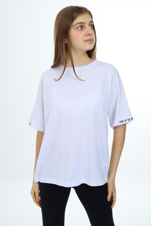 Beyaz Düz Bisiklet Yaka Kız Tişört 18034