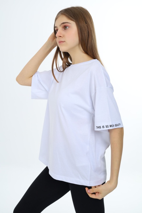 Beyaz Düz Bisiklet Yaka Kız Tişört 18034