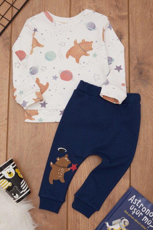 Beyaz Gezegen Desenli Ayıcıklı Erkek Bebek Eşofman Takımı 17448