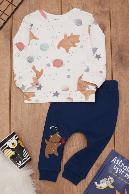 Beyaz Gezegen Desenli Ayıcıklı Erkek Bebek Eşofman Takımı 17448