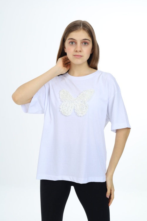 Beyaz Kelebek İşlemeli Kısa Kol Kız Çocuk Tişört 17782