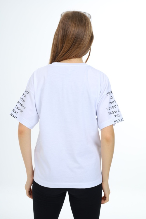 Beyaz Kolları Yazı Baskılı Armalı Kız Çocuk Basic Tişört 17794