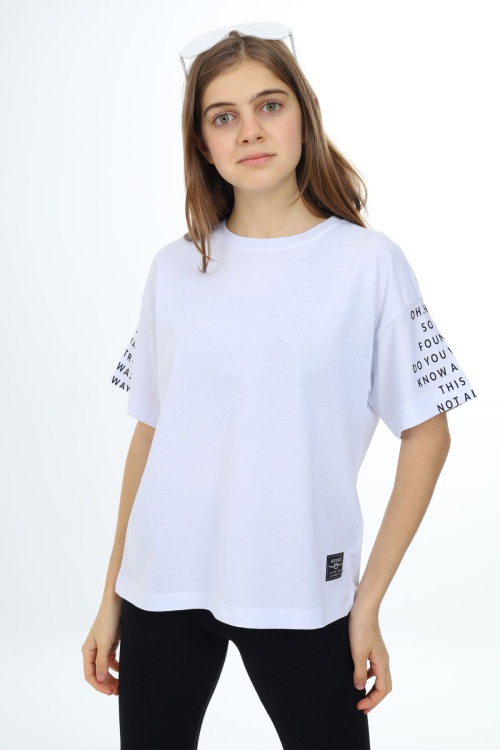 Beyaz Kolları Yazı Baskılı Armalı Kız Çocuk Basic Tişört 17794