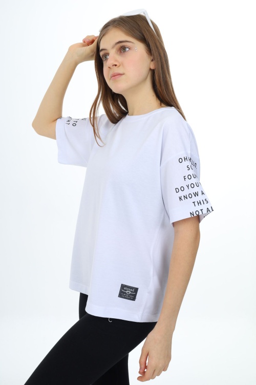 Beyaz Kolları Yazı Baskılı Armalı Kız Çocuk Basic Tişört 17794