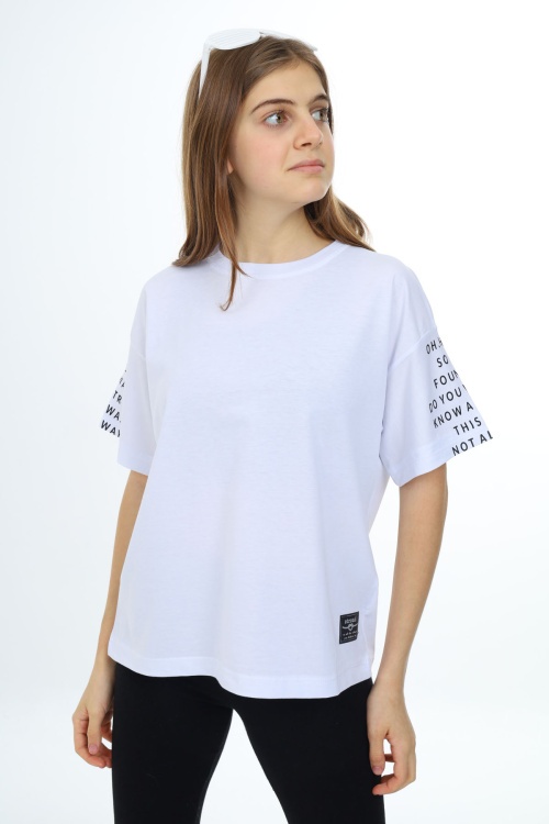 Beyaz Kolları Yazı Baskılı Armalı Kız Çocuk Basic Tişört 17794