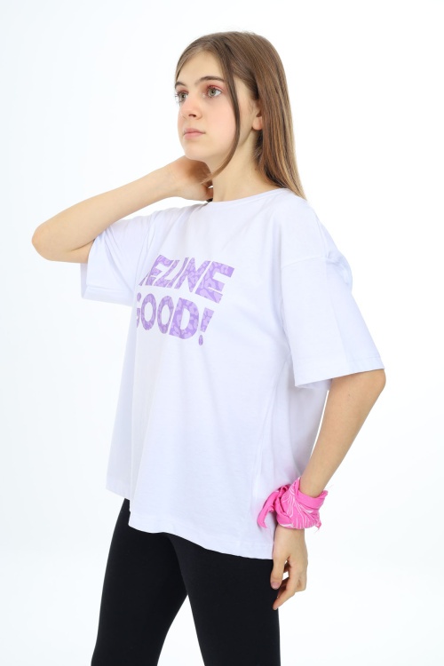 Beyaz Leopar Desenli Yazılı Bisiklet Yaka Kız T-shirt 17780