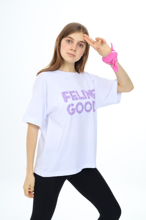 Beyaz Leopar Desenli Yazılı Bisiklet Yaka Kız T-shirt 17780