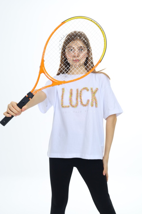 Beyaz Luck Yazılı Bisiklet Yaka Kız Tişört 17804