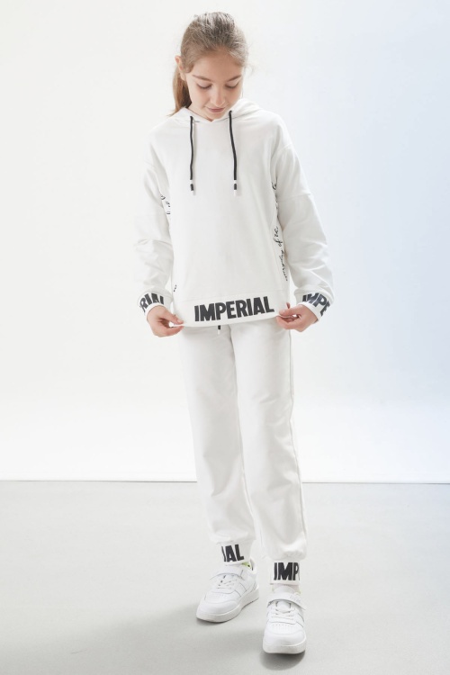 Beyaz Şerit Yazı Baskılı Kapüşonlu Kız Eşofman Takımı 17663