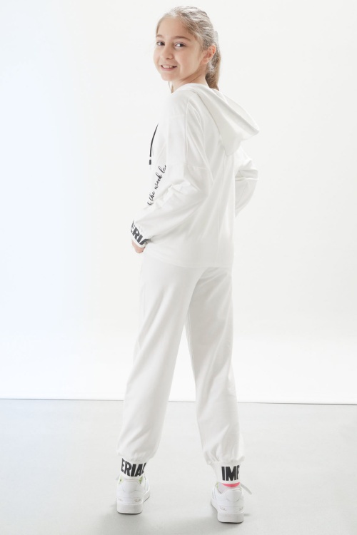 Beyaz Şerit Yazı Baskılı Kapüşonlu Kız Eşofman Takımı 17663