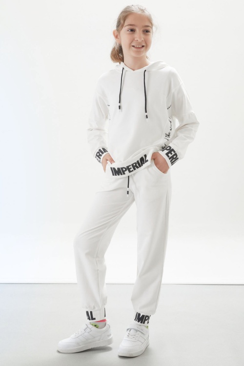 Beyaz Şerit Yazı Baskılı Kapüşonlu Kız Eşofman Takımı 17663
