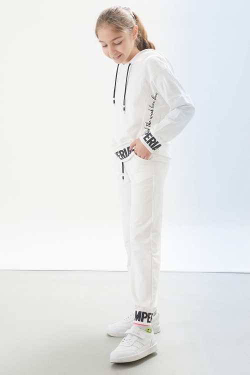 Beyaz Şerit Yazı Baskılı Kapüşonlu Kız Eşofman Takımı 17663