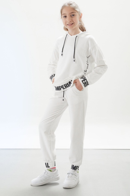 Beyaz Şerit Yazı Baskılı Kapüşonlu Kız Eşofman Takımı 17663
