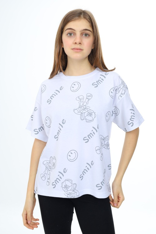 Beyaz Smile Baskılı Bisiklet Yaka Kız Çocuk T-shirt 17765