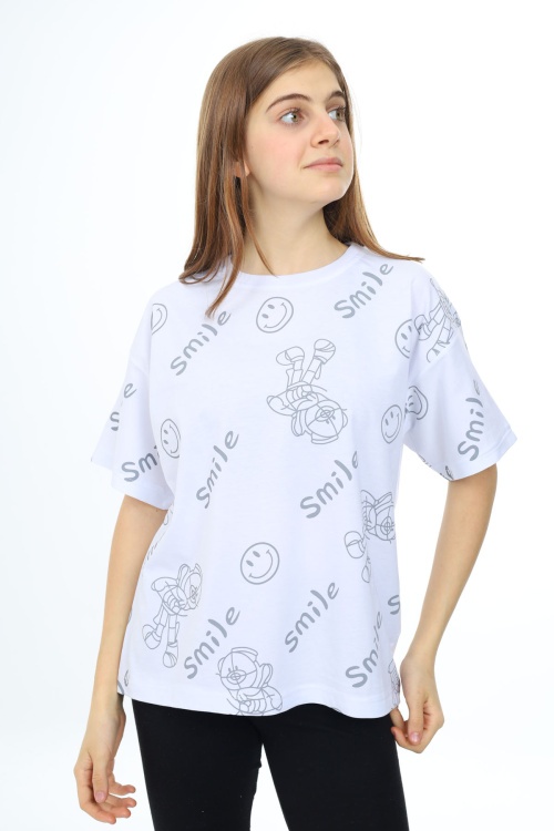 Beyaz Smile Baskılı Bisiklet Yaka Kız Çocuk T-shirt 17765
