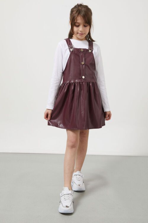 Bordo Askılı Kız Çocuk Suni Deri Salopet 17640