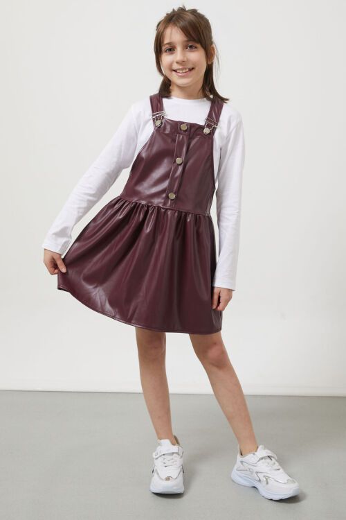 Bordo Askılı Kız Çocuk Suni Deri Salopet 17640