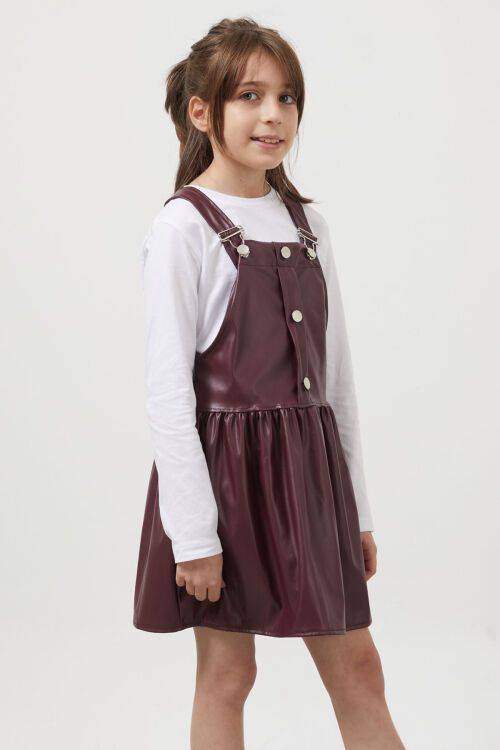 Bordo Askılı Kız Çocuk Suni Deri Salopet 17640