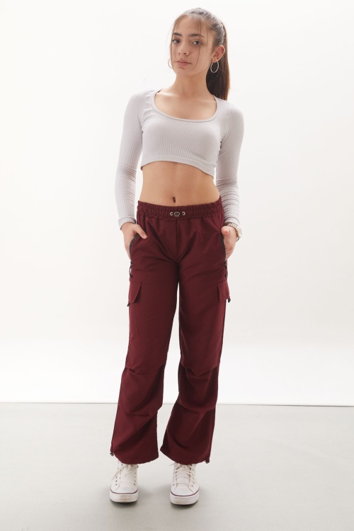 Bordo Fermuar Cepli Kız Çocuk Paraşüt Pantolon 18066