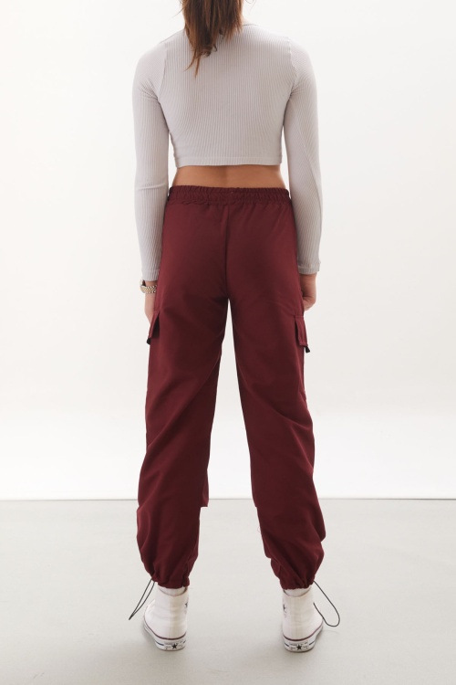 Bordo Fermuar Cepli Kız Çocuk Paraşüt Pantolon 18066