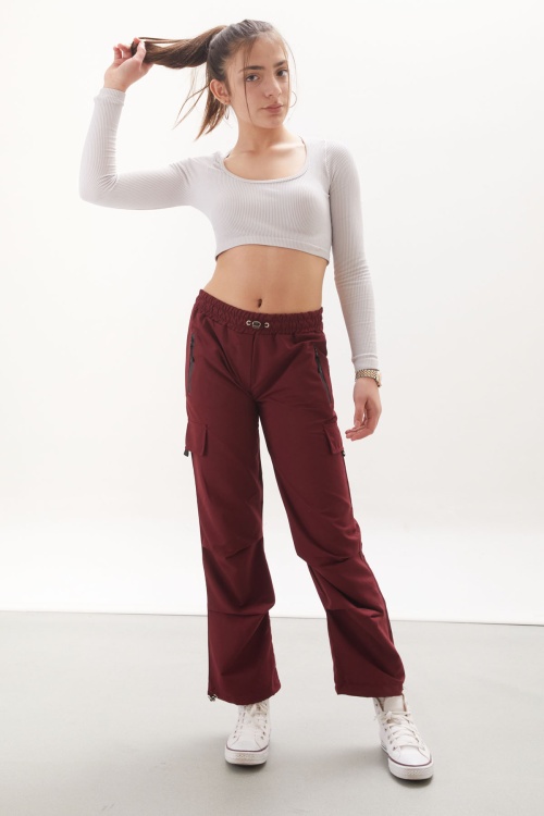 Bordo Fermuar Cepli Kız Çocuk Paraşüt Pantolon 18066