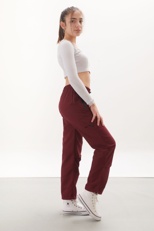 Bordo Fermuar Cepli Kız Çocuk Paraşüt Pantolon 18066