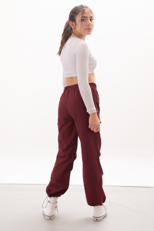 Bordo Kapak Detaylı Beli Lastikli Kız Paraşüt Pantolon 18053