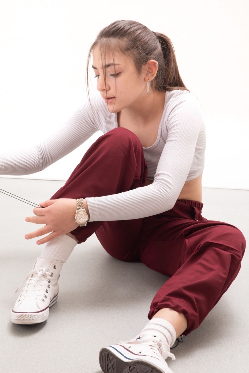 Bordo Kapak Detaylı Beli Lastikli Kız Paraşüt Pantolon 18053