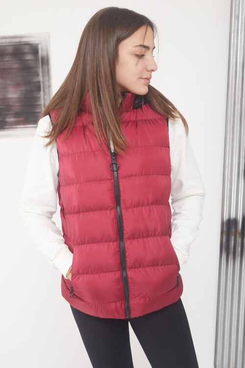 Bordo Kapüşonlu Fermuar Cepli Çocuk Şişme Yelek 17529