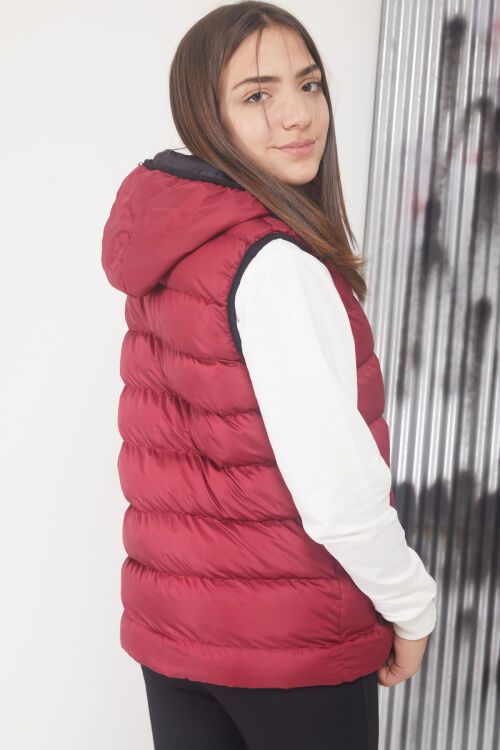 Bordo Kapüşonlu Fermuar Cepli Çocuk Şişme Yelek 17529